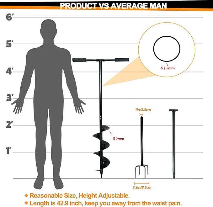 2 in 1 Hand Auger Spiral Drill for Planting, 6 X 42.9inch Post Hole Digger Manual Auger for Fence Posts, Sand, Bulb,Seedlings, Tree, Mail Box, Manual Garden Spiral Hole Digging Drill with Non-Slip.