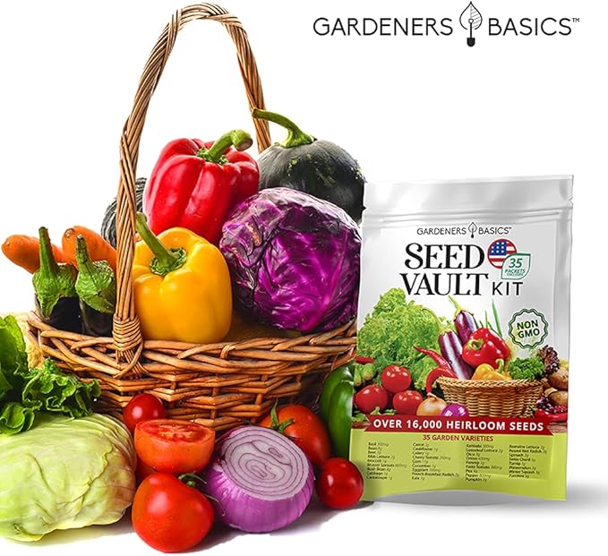 Gardeners Basics Survival Vegetable Seeds Garden Kit Over 16,000 Seeds Non-GMO and Heirloom, Great for Emergency Bugout Survival Gear 35 Varieties Seeds for Planting Vegetables 35 Free Plant Markers