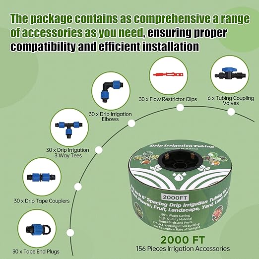 2000FT 5/8 Inch 16 Mil Drip Tape Irrigation Kit, 6" Spacing Roll 16 Mil Drip Tape Irrigation, Durable Reinforced PE Material Anti-Bird Pecking Silver Anti-Burning Seedlings Drip Irrigation System