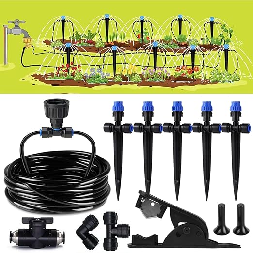 16.4FT Quick-Connect Drip Irrigation Kit, Garden Watering System DIY Automatic Irrigation Equipment Set for Lawn Raised Bed Greenhouse Plant Watering with 1/4'' Tubing, Drip Emitters, Connectors