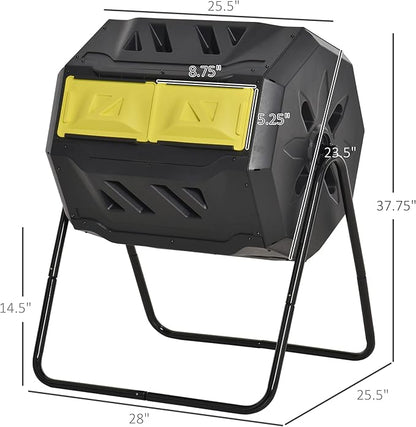 Outsunny Tumbling Compost Bin Outdoor 360° Dual Chamber Rotating Composter 43 Gallon, Yellow