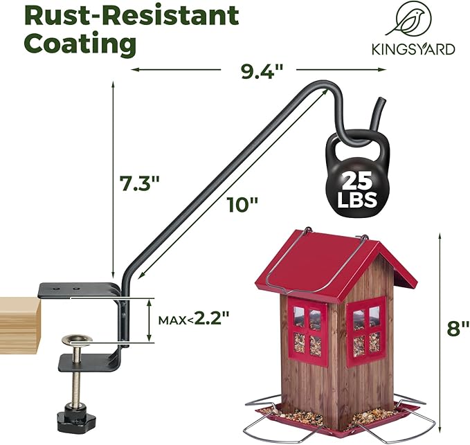 Kingsyard Middium Heavy Duty Deck Hook - 10 inch Metal Deck Railing Hooks for Hanging Bird Feeders, Planters, Suet Baskets, Lanterns, Wind Chimes