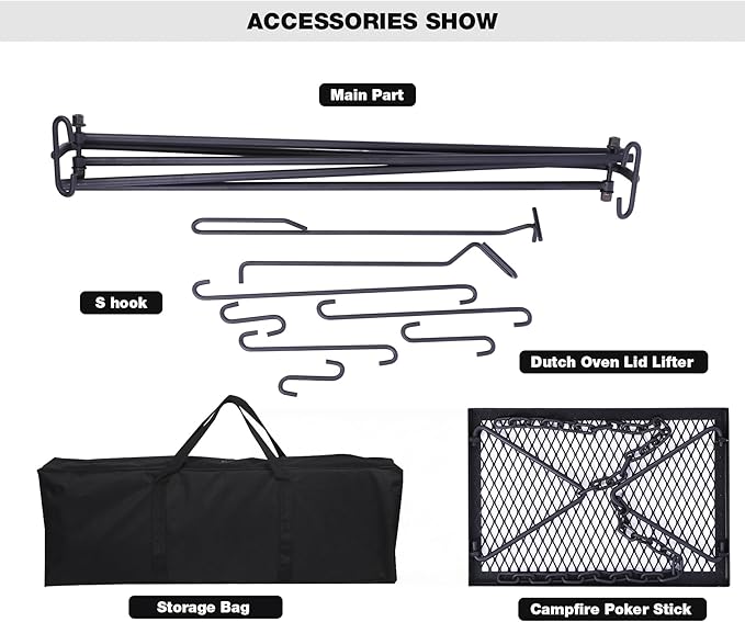 REDCAMP Swing Outdoor Campfire Grill Stand - Collapsible Campfire Cooking Rack with 6 Hooks & Iron Grill Grate, Portable Dutch Oven Hanger for Camping, Hiking, Cookware, Bonfire, Rectangle