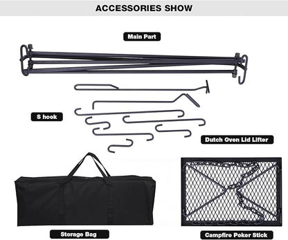 REDCAMP Swing Outdoor Campfire Grill Stand - Collapsible Campfire Cooking Rack with 6 Hooks & Iron Grill Grate, Portable Dutch Oven Hanger for Camping, Hiking, Cookware, Bonfire, Rectangle