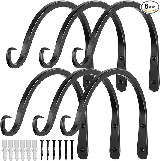 Worth Garden 6-Pack 8" Plant Hanger Bracket - Hand-Forged Wrought Iron Powder-Coated Heavy Duty Wall Hooks - Black Curved Plant Hanging Hooks for Bird Feeders, Flower Baskets, Indoor & Outdoor Use