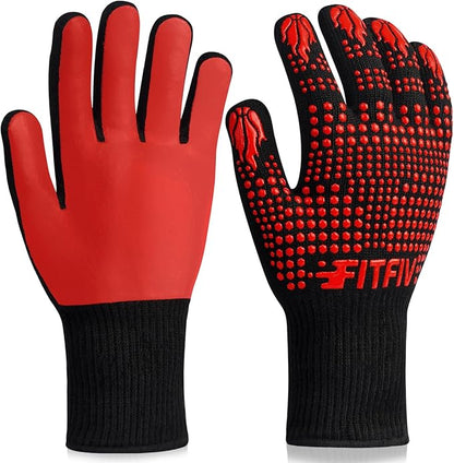 BBQ Gloves, Oven Gloves, 1472°F Extreme Heat Resistant Barbecue Gloves, Silicone Non-Slip Oven Mitts, Kitchen Gloves for Cooking, Grilling, and Baking (Red)