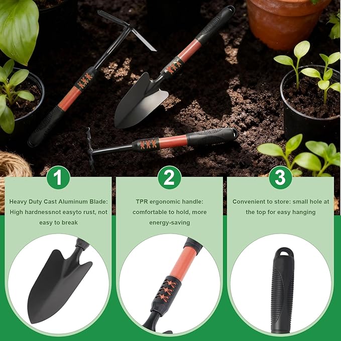 Garden Tool Set, 3Pack Gardening Tools, Stainless Steel Heavy Duty Hand Cultivator, Hoes, Shovel, for Planting Weeding Digging, Gardening Gifts for Women, Red