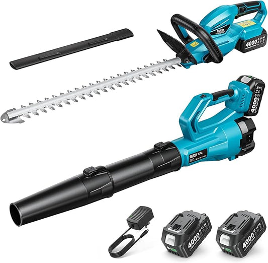 SEESII Cordless Hedge Trimmer and Leaf Blower Combo, 2 Pcs 4.0Ah Batteries, Electric Handheld Bush Trimmer with 20" Dual-Action Blade, Lightweight Brushless Blower with 2 Speed Modes for Yard Garden