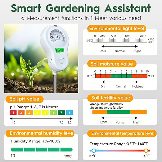 6-in-one Soil Test Kit-Soil Moisture Meter/PH Meter/Fertility/Sunlight Intensity Soil Tester, LCD Air Hygrometer&Temperature Moisture Meter for Plants-Garden, Lawn,Farm,2 Pack Detachable Probe