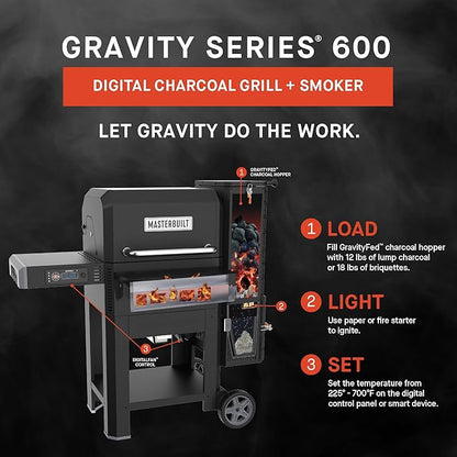 Masterbuilt® Gravity Series® 600 Digital Charcoal Grill and Smoker,WiFi Technology, GravityFed™ Charcoal Hopper, 600 Cooking Sq. Inches, Reversible Smoke&Sear Cast Iron Grates, Black, Model MB20041023