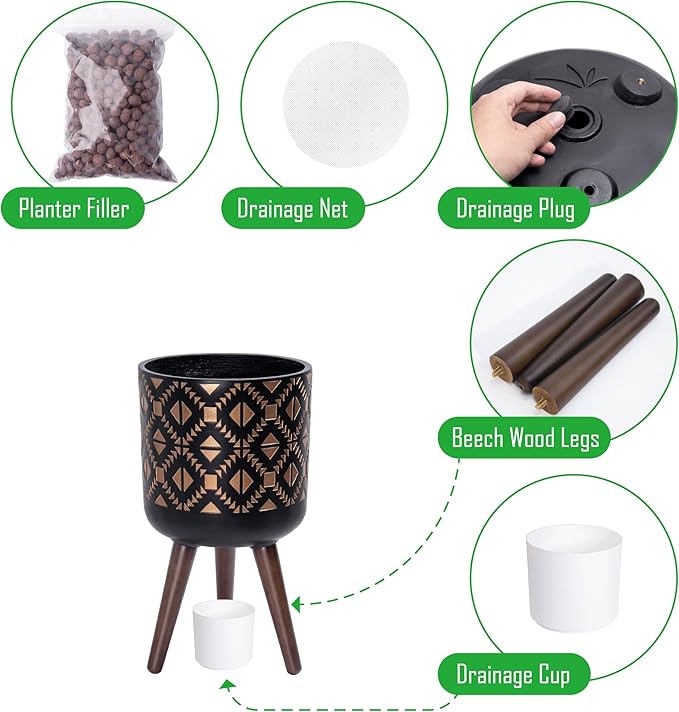 D'vine Dev 10 Inch Planter Pot with Stand, Mid-Century Tall Plant Pot with Legs for Indoor Plants, Bronze/Black, 88-G-B-6