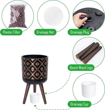 D'vine Dev 10 Inch Planter Pot with Stand, Mid-Century Tall Plant Pot with Legs for Indoor Plants, Bronze/Black, 88-G-B-6