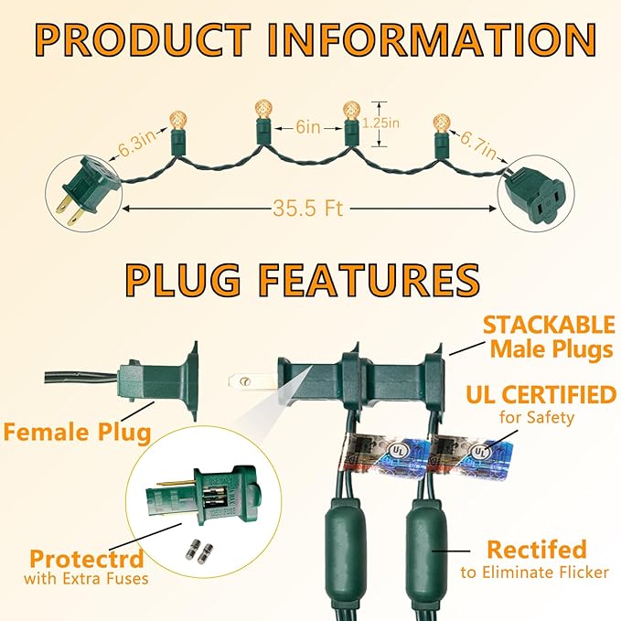 Warm White G12 LED Christmas Lights Outdoor- 71 FT 140 Count Berry LED Christmas Lights Outdoor Waterproof, One-Piece Commercial Grade Green Wire, IP:65, UL (2 Pack 70 Counts 35.5ft Per String)