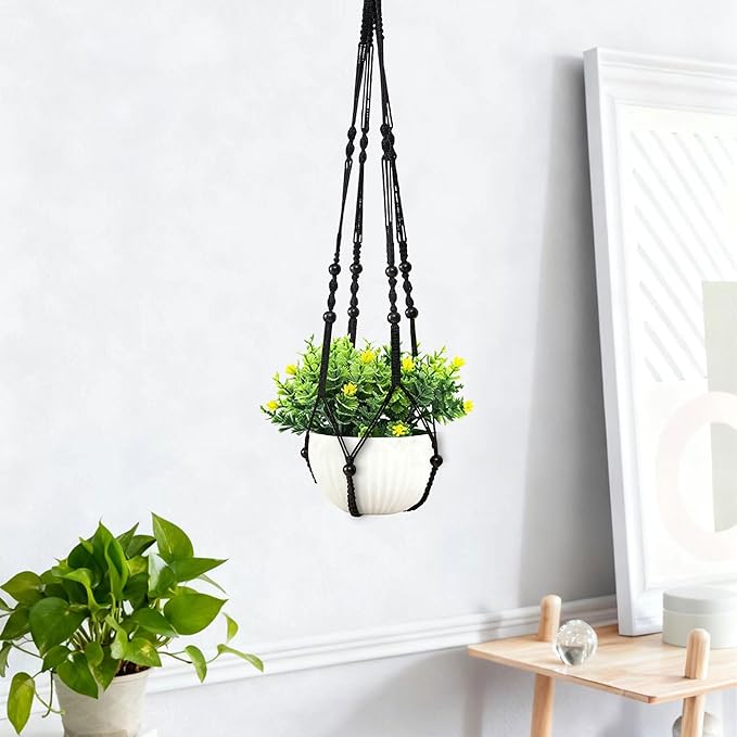35 Inch Macrame Plant Hanger, Hanging Planter Basket with Wood Beads, Decorative Flower Pot Holder for Indoor Outdoor Boho Home Decor, Set of 2 (Black)