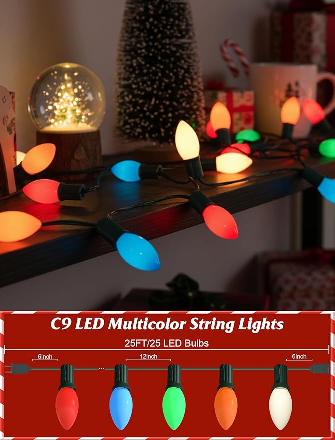 SUNSGNE Vintage C9 LED Christmas Lights Outdoor, 25FT C9 Retro Christmas Lights with 25 LED Shatterproof Bulbs for Roofline Holiday Party Indoor Outdoor Garden Patio Backyard Xmas Decoration
