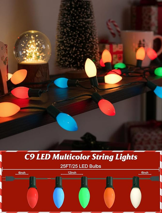 SUNSGNE Vintage C9 LED Christmas Lights Outdoor, 25FT C9 Retro Christmas Lights with 25 LED Shatterproof Bulbs for Roofline Holiday Party Indoor Outdoor Garden Patio Backyard Xmas Decoration