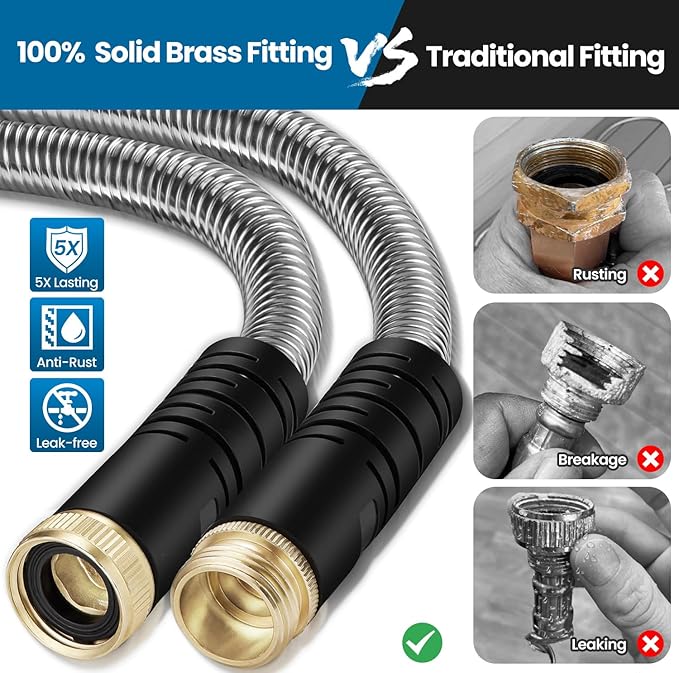 Garden Hose 100FT, Water Hose with 10 Function Nozzle, Garden Hose Metal with Leak-proof Connectors, Kink-Free & Ultra Flexible, Rust/Pet/Puncture Proof for Lawn, Yard, RV, Car Wash, 550PSI