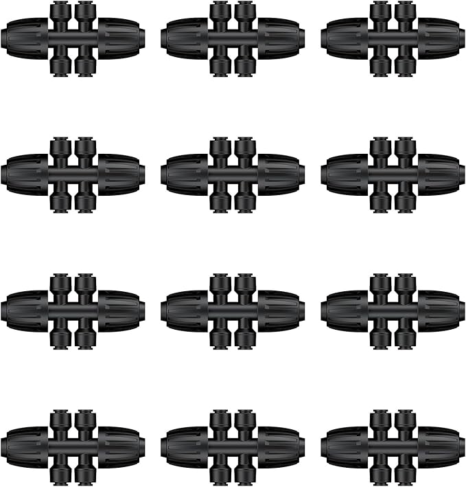 Pawfly 12 Pcs 1/2'' to 1/4'' Drip Irrigation Fittings, Anti-Leak Reducing Tees, Push-to-Fit Drip Irrigation Parts for Garden Lawn, 6-Way Barbed Tee Quick Connectors with Anti-Drop Locked Nuts