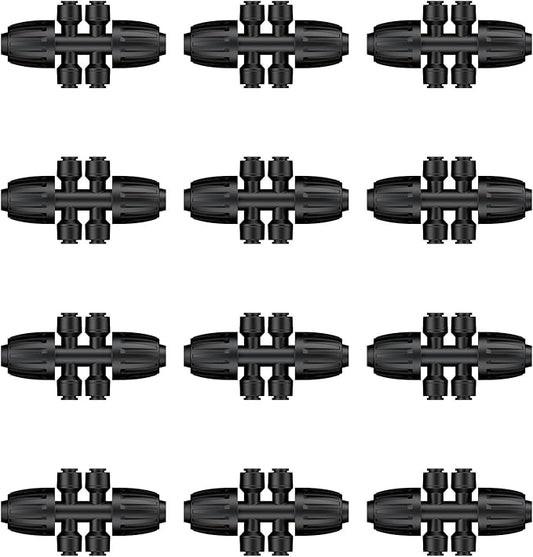 Pawfly 12 Pcs 1/2'' to 1/4'' Drip Irrigation Fittings, Anti-Leak Reducing Tees, Push-to-Fit Drip Irrigation Parts for Garden Lawn, 6-Way Barbed Tee Quick Connectors with Anti-Drop Locked Nuts