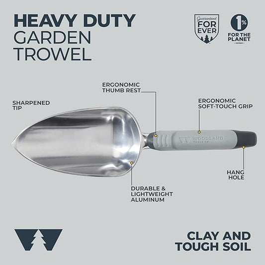 Woodland Tools Heavy Duty Garden Trowel – Full Tang Aluminum Construction, Extra Wide Scoop, Sharpened Point, Ergonomic Cushioned Grip, Rust Resistant Hand Tool for Digging in Clay and Tough Soil