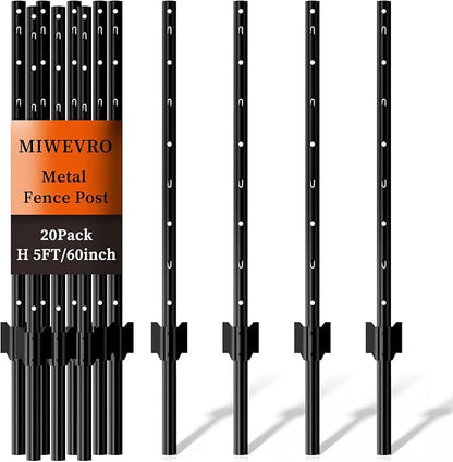 20 Pack Garden Fence Post, 5 Feet Heavy Duty Metal U-Post for Wire Fence, No Dig Garden Fence Stakes for Temporary Fencing, Electric Fence Wire, Corner Anchor, and More-Black
