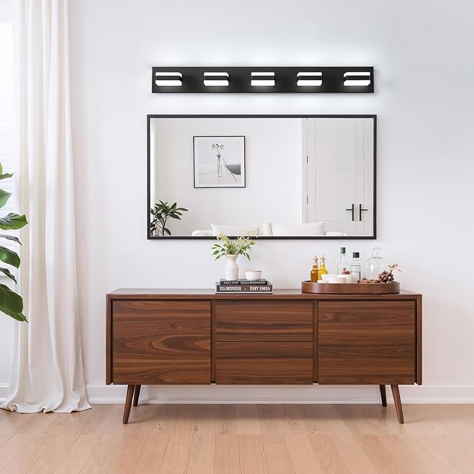 Bathroom Lighting Fixtures Over Mirror, 5 Light Bathroom Vanity Light Fixtures with Cool White 5000K, Matte Black LED Modern Vanity Wall Lights for Bath, Dressing Room, Restroom, 37.4 inch