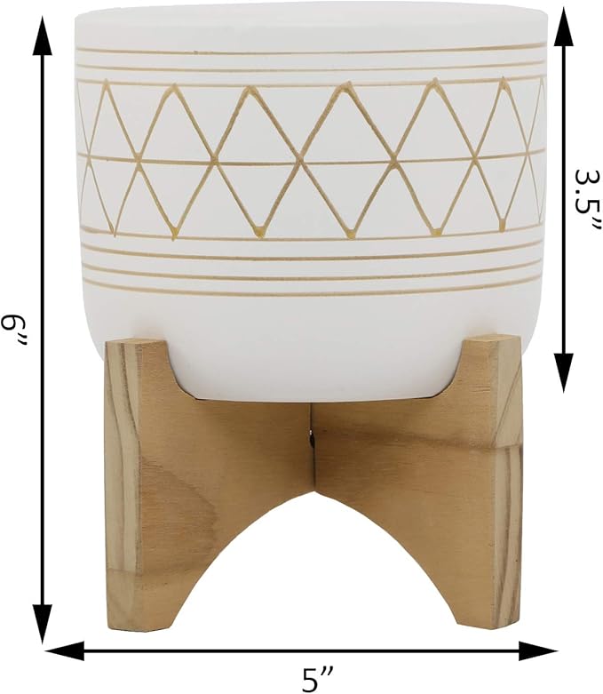 Flora Bunda 5" White Gold Ceramic Geometric W/Wood Stand Planter Pot Mid Century, 5x5x6, for Houseplants, Succulents, Snake Plants – Plants not Included