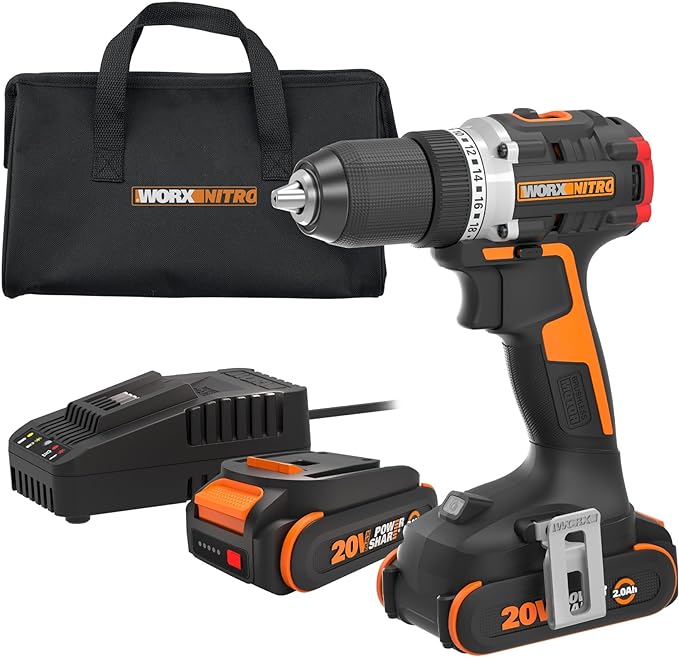 Worx Nitro 20V Cordless 1/2" Drill Driver With Brushless Motor - Compact & Lightweight Set Only 6" and 3 lbs. - Power Share Compatible WX130L - Batteries & Charger Included, Black