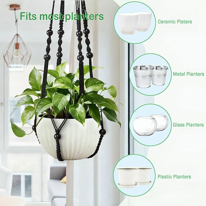 35 Inch Macrame Plant Hanger, Hanging Planter Basket with Wood Beads, Decorative Flower Pot Holder for Indoor Outdoor Boho Home Decor, Set of 2 (Black)