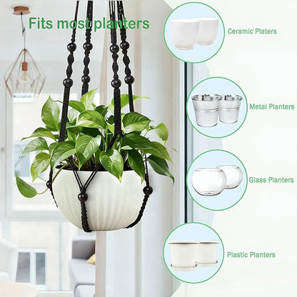 35 Inch Macrame Plant Hanger, Hanging Planter Basket with Wood Beads, Decorative Flower Pot Holder for Indoor Outdoor Boho Home Decor, Set of 2 (Black)