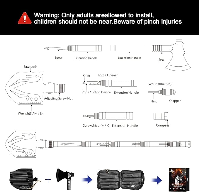 Survival Shovel High Carbon Steel Tactical Shovel Axe Folding Entrenching Tool Camping Hiking Shovel Carrying Pouch Car Emergency Survival Gear