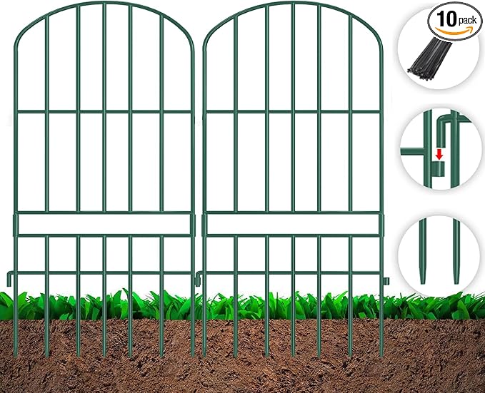 Adavin Animal Barrier Garden Fence,10 Pack Green 12''L x 25" H no dig Fence, Underground dig Protection for Dog Rabbits Rustproof Metal Wire Panel Border, 10 ft Ground Stakes for Outdoor Patio