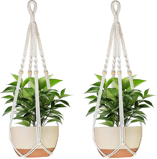 35 Inch Macrame Plant Hanger Indoor Outdoor Fits 4 to 15 inch pots Hanging Planter Basket with Wood Beads and No Tassels,Boho Home Decor,Ivory,Set of 2 (Pots Not Included)