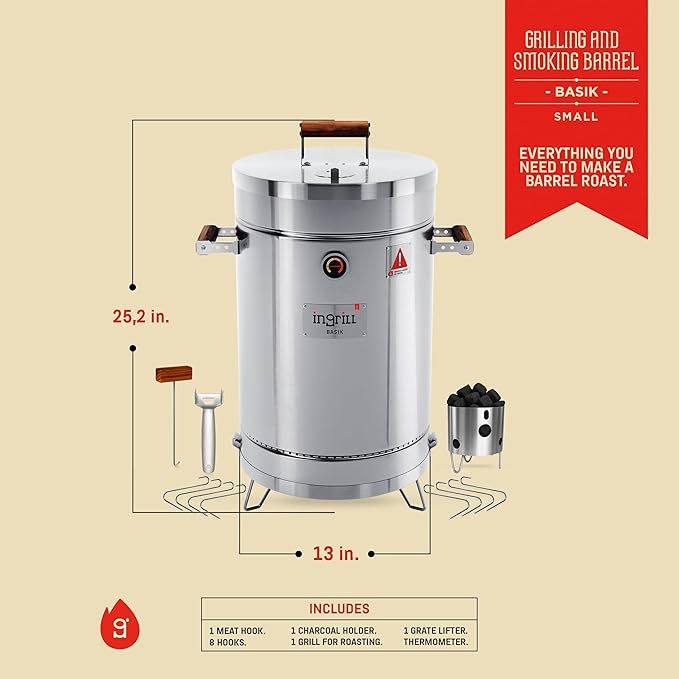 Charcoal Grills - Basic 12 lbs - Stainless Steel Smoker Grill 3-in-1 for Cooking & Home BBQ - Portable Vertical Smoker Barrel for Outdoor & Camping - Meat Grill with Thermometer & Accessories