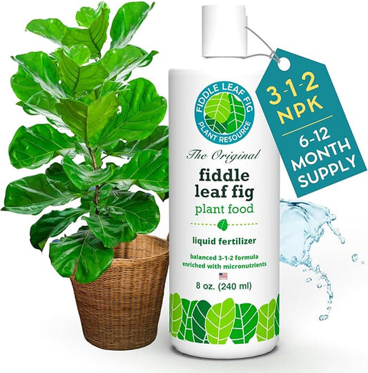 Fiddle Leaf Fig Plant Food – 3‑1‑2 Balanced NPK Liquid Fertilizer for Larger Leaves, Stronger Roots & Steady, Vibrant Growth | Suitable for All Ficus Including Ficus Lyrata | Made in USA | 8 oz