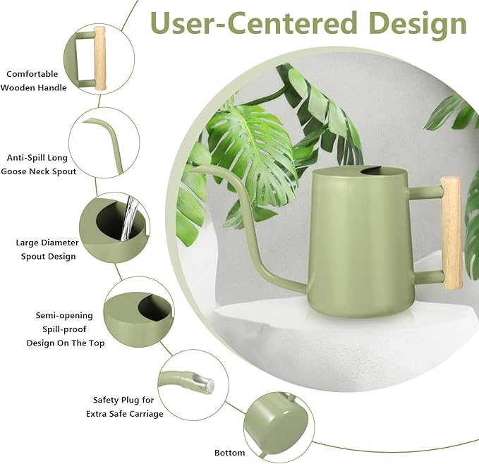 Watering Can Indoor Plants, 35oz Small Indoor Stainless Steel Metal Watering Can Modern Decorative Watering Pot with Long Spout for Indoor House Plant Bonsai Garden Flowers (Sage Green)