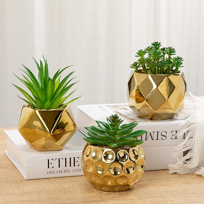 Briful Artificial Succulents Plants in Ceramic Pots, 3 Pack Faux Succulent Set with Gold Geometric Planters – Modern Desk Decor for Home Office Shelf Bathroom, Small Fake Plants Potted