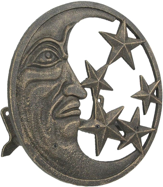 Zeckos Cast Iron Crescent Moon Face and Stars Decorative Wall Mounted Hanging Garden Hose Hanger Bronze Finish - Outdoor Hose Holder Décor - 12 Inches in Diameter