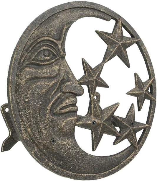 Zeckos Cast Iron Crescent Moon Face and Stars Decorative Wall Mounted Hanging Garden Hose Hanger Bronze Finish - Outdoor Hose Holder Décor - 12 Inches in Diameter