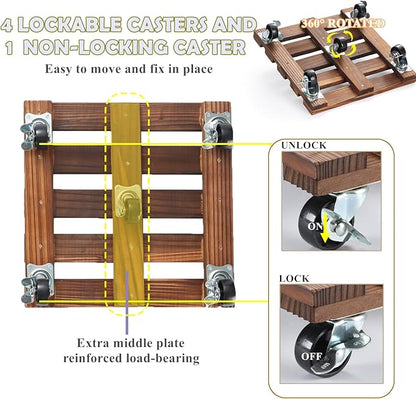 2 Pack Plant Stand with Wheels, 14" Rolling Plant Stand 264 LBS Heavy Duty Wooden Square Plant Caddy with Metal 360° Lockable Caster Wheels for Outdoor Indoor Large Plant Pots, Flower Pot, Patio