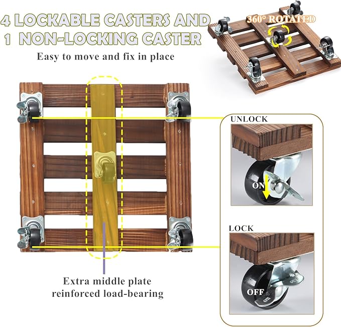 2 Pack Plant Stand with Wheels, 12" Rolling Plant Stand 264 LBS Heavy Duty Wooden Square Plant Caddy with Metal 360° Lockable Caster Wheels for Outdoor Indoor Large Plant Pots, Flower Pot, Patio