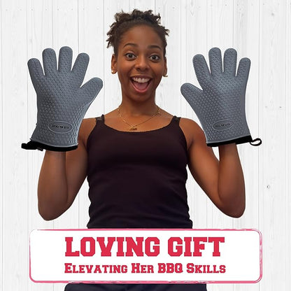 KITCHEN PERFECTION XL Silicone Smoker Oven Gloves for Women -Extreme Heat Resistant BBQ Gloves -Handle Hot Food Right on Your Grill Fryer&Pit|Waterproof Grilling Cooking Mitts|Superior Set+3 Bonuses