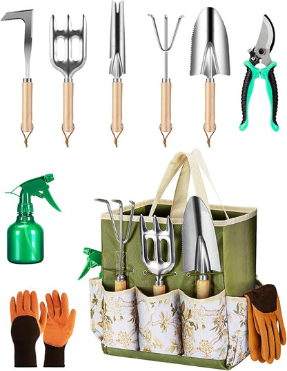9-Piece Premium Gardening Tool Set for Women - Heavy Duty Stainless Steel Rust-Proof Tools with Fashion Storage Tote | Perfect Gardening Gifts for Mom, Mother's Day, Birthday & Outdoor (Green)