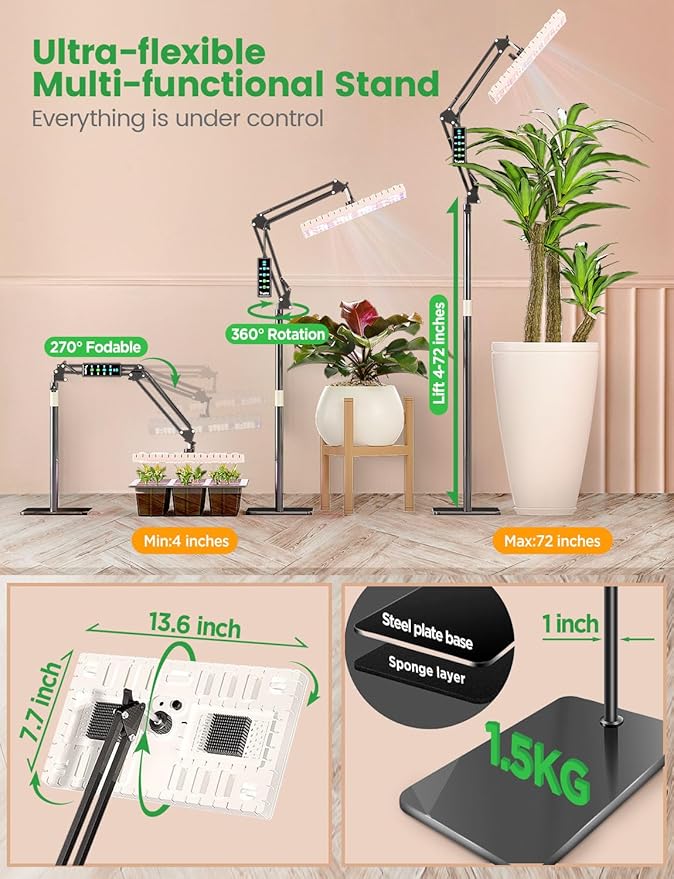 LetPot 60 Watt Plant Grow Lights for Indoor Plants Full Spectrum, Smart APP Control, 8-Level Adjustable Light, Hanging & Stand Use, Aluminum Cooling, 270° Foldable, 360° Rotation, 2x2ft Coverage