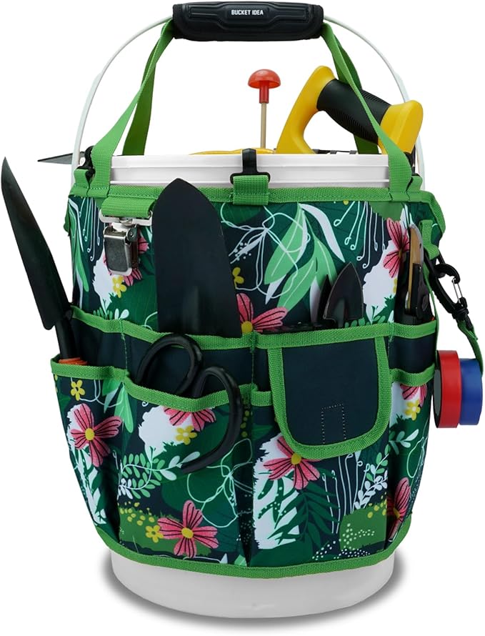 KUNN Bucket Tool Organizer 5 Gallon 18-Pocket Gardening Tool Bag with Hangable Handle | Garden Caddy & Bucket Accessory, Green