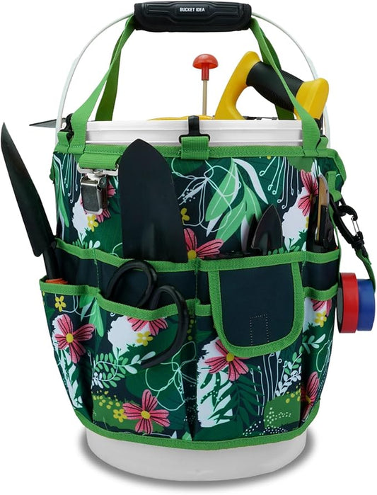 KUNN Bucket Tool Organizer 5 Gallon 18-Pocket Gardening Tool Bag with Hangable Handle | Garden Caddy & Bucket Accessory, Green