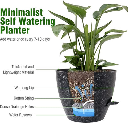 10 inch Self Watering Pots, Planter, Plant Pots with Mesh Drainage Holes for Indoor Outdoor House Plants and Garden, Pack of 2 Plastic Flower Pots with Deep Reservoir, Speckled Black