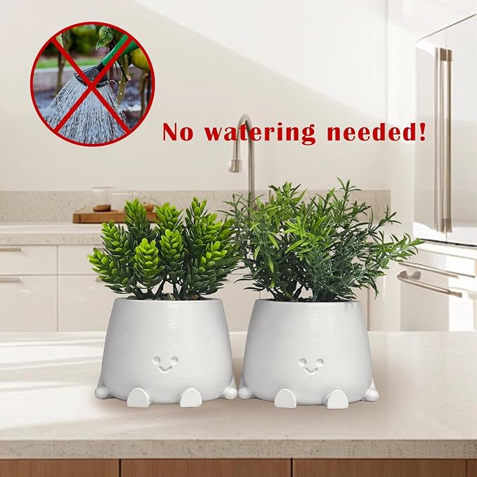 White Planters with Artificial Plants Set - 2Pack Smiley Face Plants Pot with Fake Plant, Faux Succulent Plant Pots for Bathroom/Kitchen/Sill/Office Home Decor, Gifts for Mom/Women