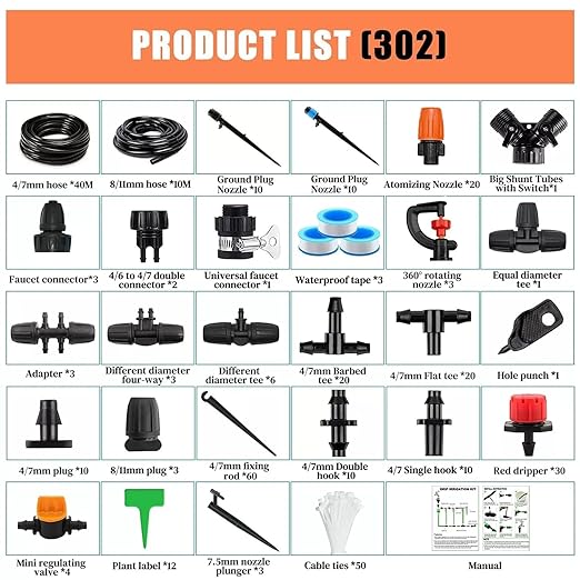 302PCS Drip Irrigation System for Garden: Automatic Drip Irrigation Kit Plant Watering System with 5 Kinds of Sprayers for Greenhouse Yard