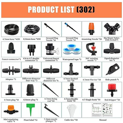 302PCS Drip Irrigation System for Garden: Automatic Drip Irrigation Kit Plant Watering System with 5 Kinds of Sprayers for Greenhouse Yard
